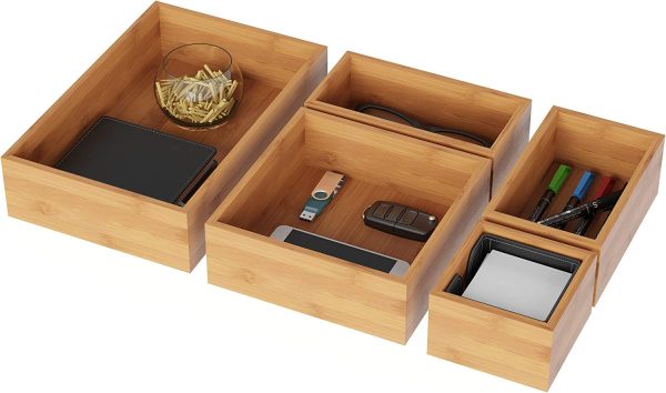 Lavish Home Drawer Organizer – 5 Compartment Modular Natural Wood Bamboo Space Saver Tray Storage for Kitchen - Image 2